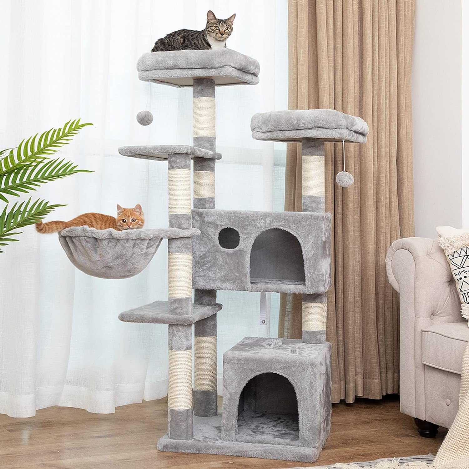 Cat Tree, 57 Inch Cat Tower with 2 Plush Condos and Sisal Scratching Post, Cat Furniture for Kitten and Pet, Release the Nature of Cat, Stable House with Anti-Toppling Kit, Light Gray LG05MCT03
