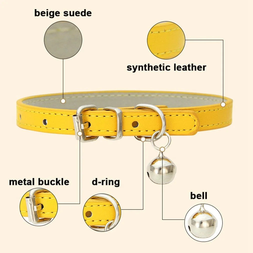 Cat Collar with Bell, Soft Pu Leather Small Dog Collars Adjustable Buckle for Extra Small Medium Tiny Female Male Boys Girls Pets Puppy Kitten Teacup Yorkie