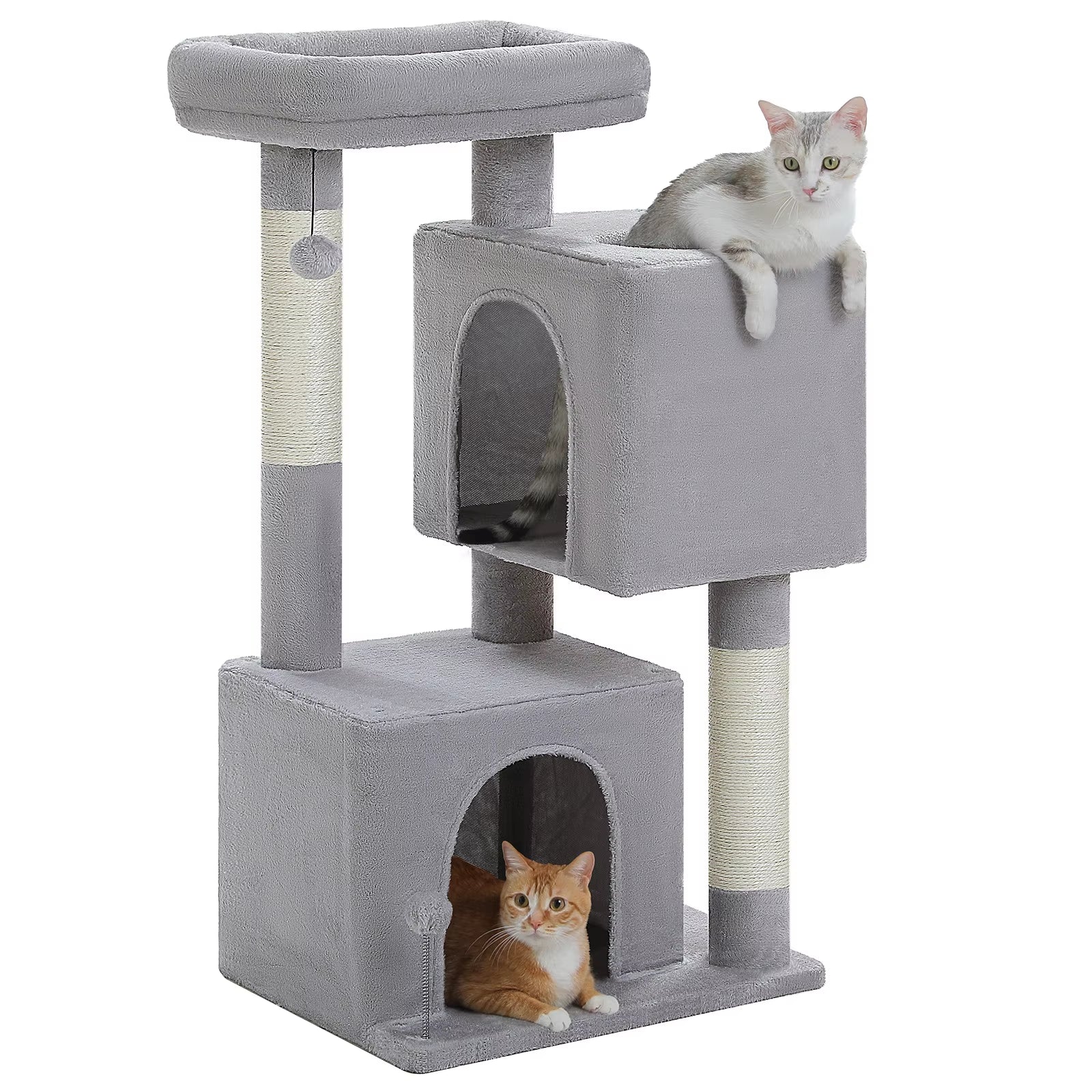 110CM Cat Tree with Scratching Post Interactive Ball Spacious Caves Multi-Level Cat Tower Large Cat Condos for Indoor Cat Toys