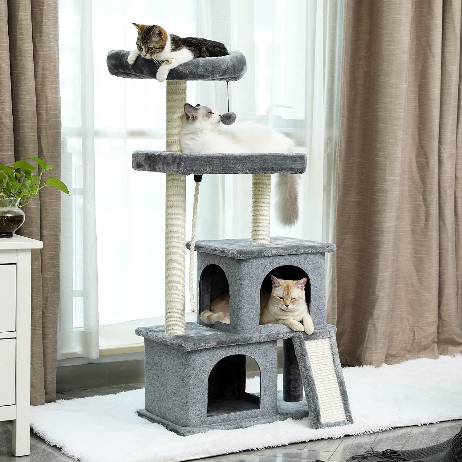 Cat Tree Multilevel and Luxury Cat Towers 50 Inches with 2 Condos, Spacious Perches, Scratching Post, Dangling Balls and Ramp-Gray