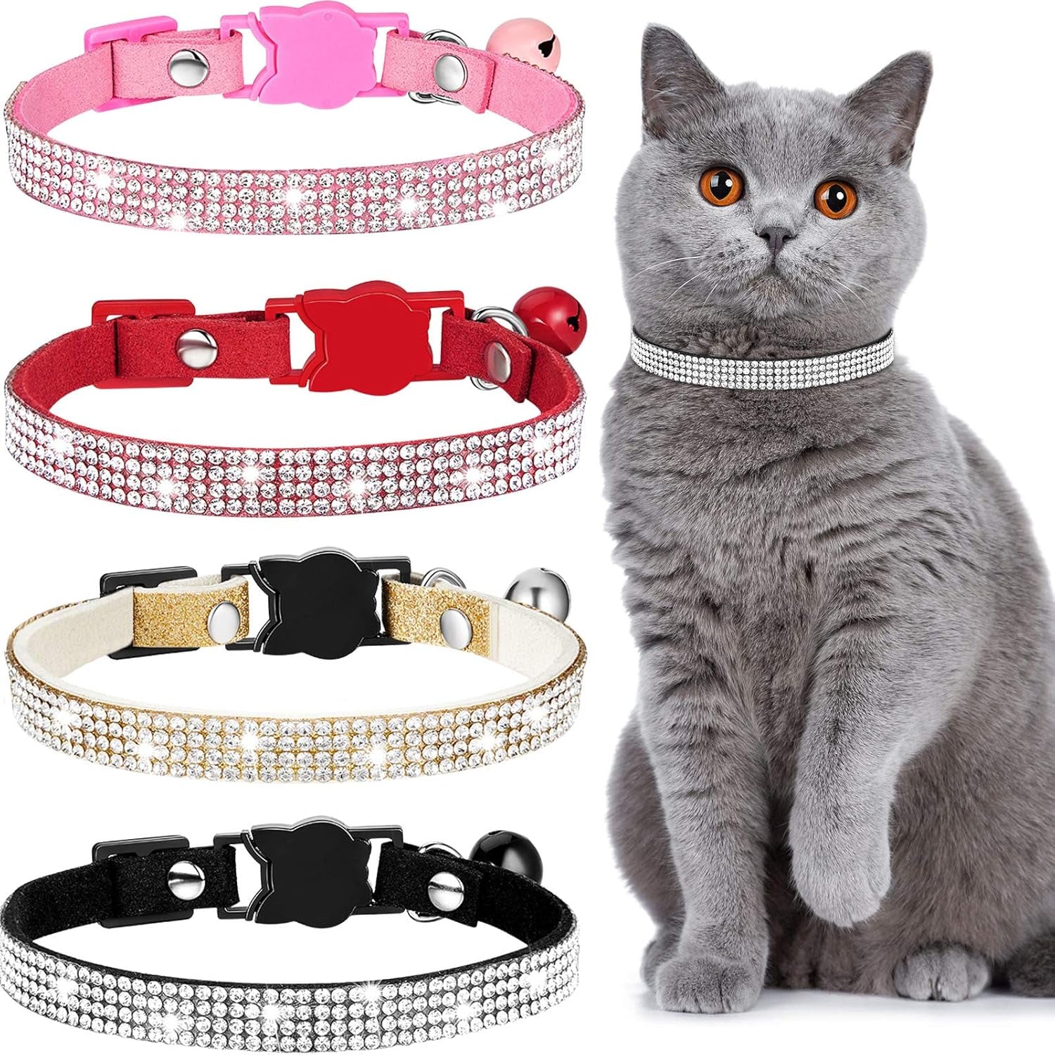 4 Pieces Rhinestones Cat Collars Breakaway Cat Collar with Bell Bling Pet Accessories with Soft Velvet, 4 Colors(Xs,Gold, Red, Pink, Black)