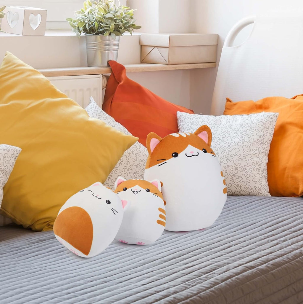 Cat Plush Toy, Set of 3, 12'' and 7'' Squishy Kitty Stuffed Animal Toy Hugging Pillow, Soft Cushion Plushies Gift for Kids, Easter Basket Stuffers