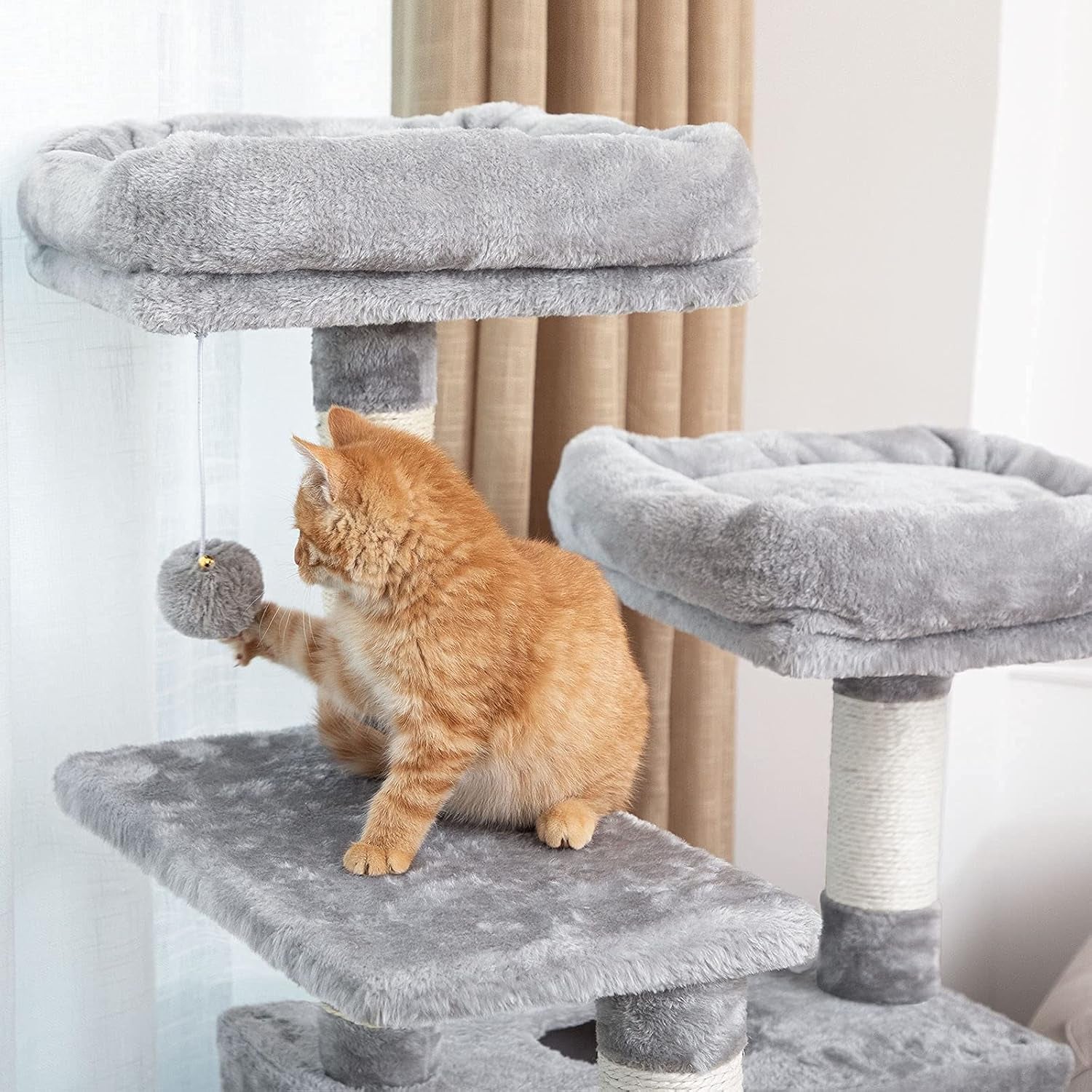 Cat Tree, 57 Inch Cat Tower with 2 Plush Condos and Sisal Scratching Post, Cat Furniture for Kitten and Pet, Release the Nature of Cat, Stable House with Anti-Toppling Kit, Light Gray LG05MCT03