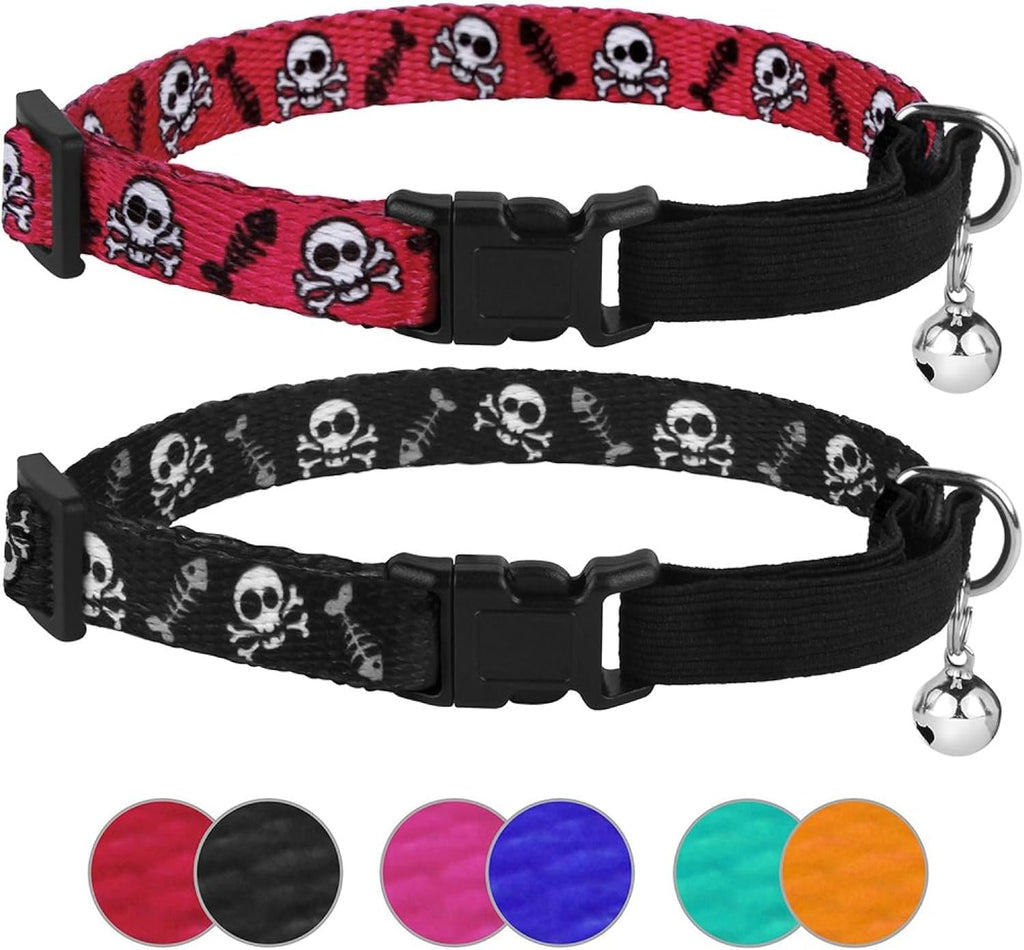 Skull Cat Collar Breakaway with Bell Pack of 2 PCS, Adjustable Kitten Collar for Cats Safety Elastic Strap Black Pink Orange Green Blue Red (Red-Black)