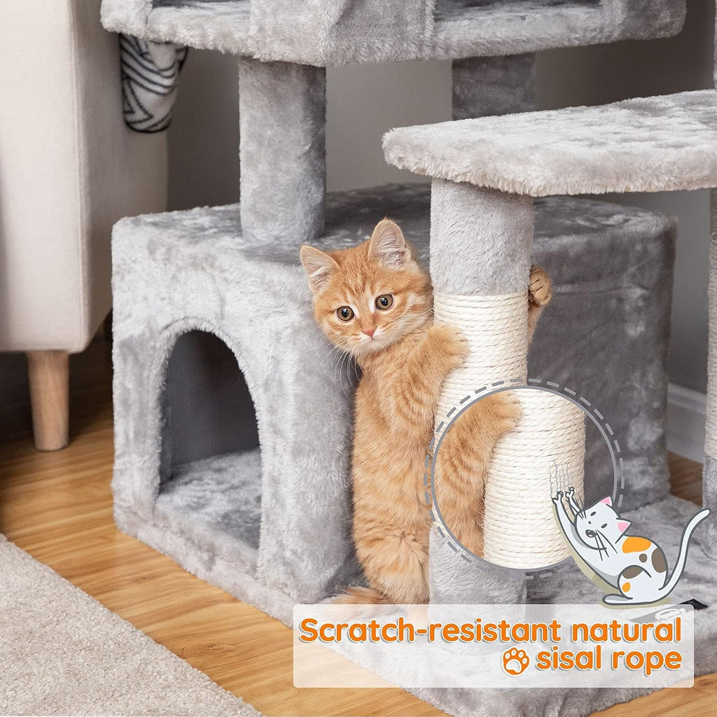 Cat Tree, 57 Inch Cat Tower with 2 Plush Condos and Sisal Scratching Post, Cat Furniture for Kitten and Pet, Release the Nature of Cat, Stable House with Anti-Toppling Kit, Light Gray LG05MCT03