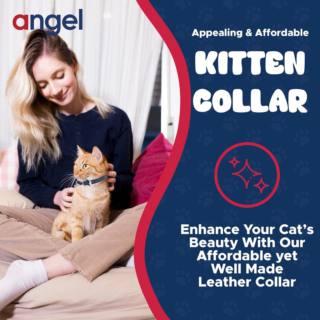 Angel, Alpine Black Genuine Leather, Elastic Break-Away Cat Collar. 12" X 1/2", Elastic Stretch Release