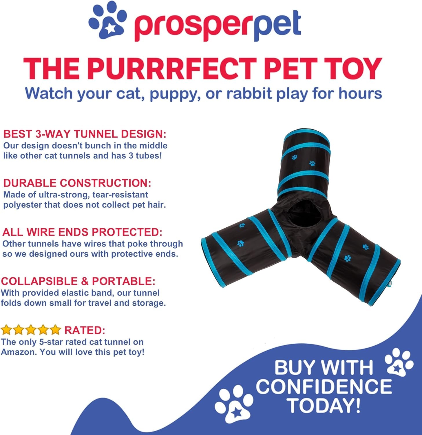 Prosper Pet Cat Tunnel - Collapsible 3 Way Play Toy - Tube Fun for Rabbits, Kittens, and Dogs - Black/Aqua