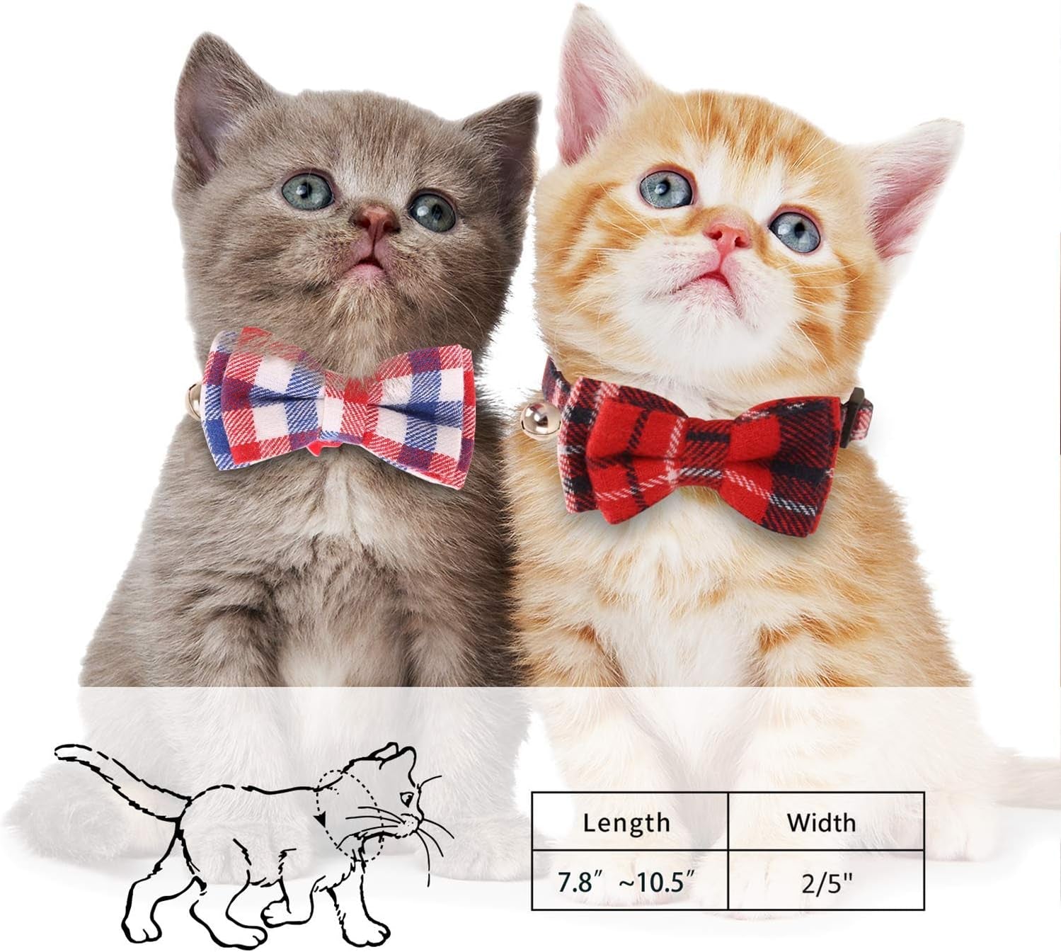 2 Pack/Set Cat Collar Breakaway with Cute Bow Tie and Bell for Kitty and Some Puppies, Adjustable from 7.8-10.5 Inch