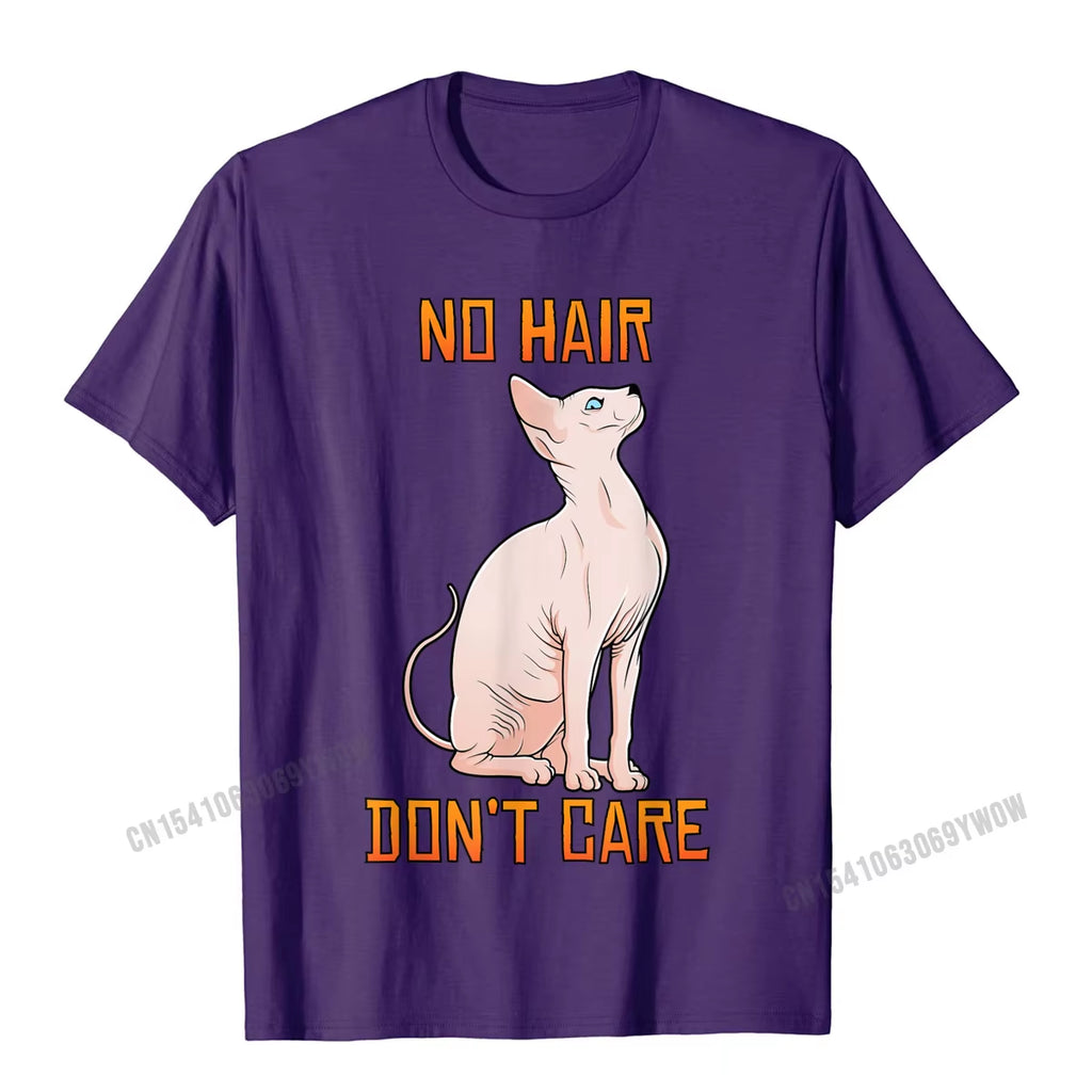 Cute Hairless Sphynx Cat Shirt No Hair Dont Care T-Shirt Camisas Men Casual Tshirts for Men Cotton Tops Tees Normal Fitted