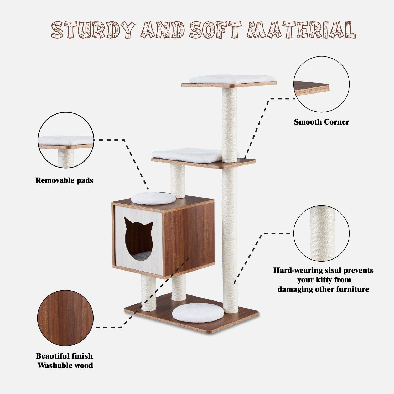 Elegant Wooden Modern Cat Tree Cat Condo Multi-Level Towers Cat Activity Tower with Scratching Posts, with Removable and Washable Mats (Base Tower)