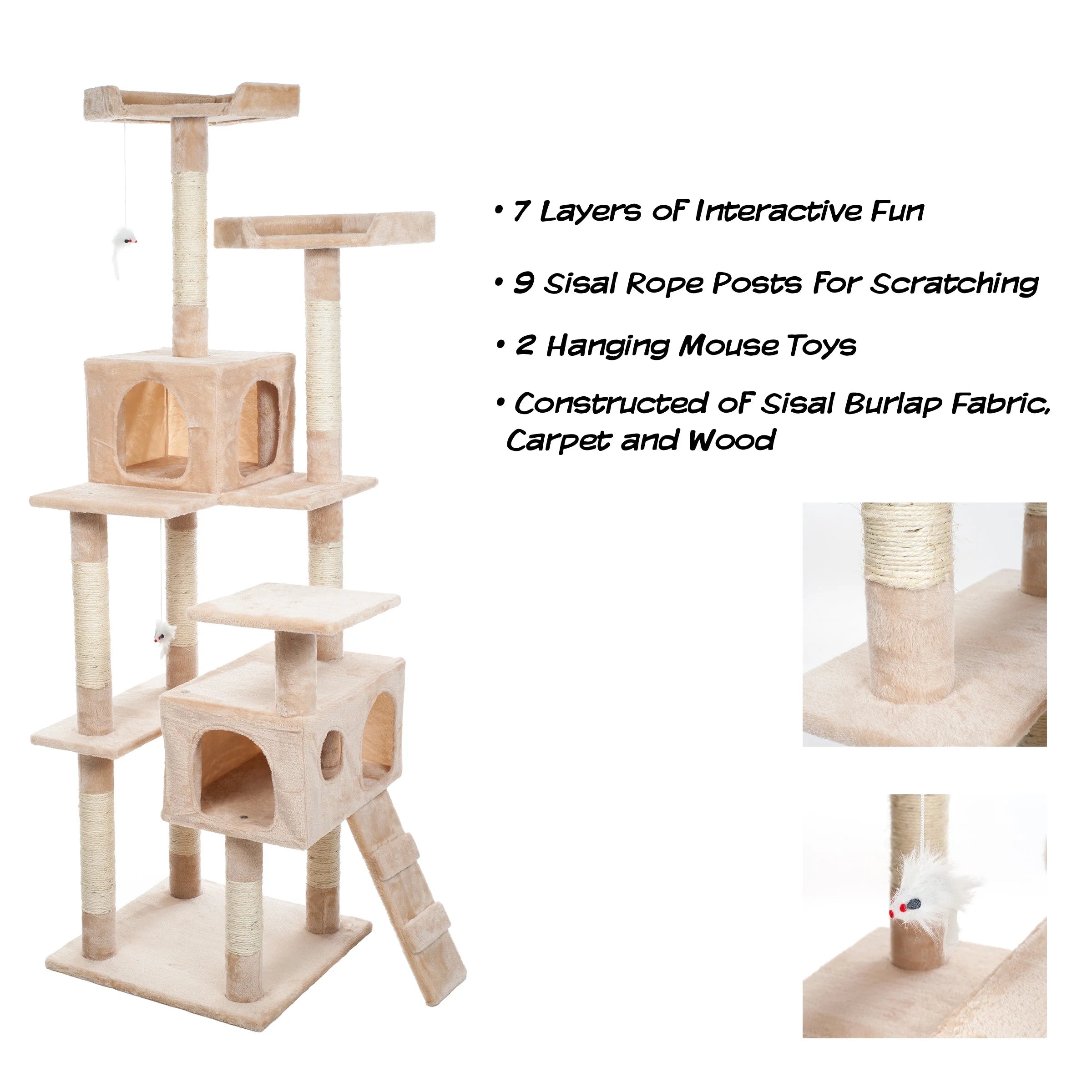 Cat Tree with Perches, Condos, Scratch Posts, and Toys (Beige)