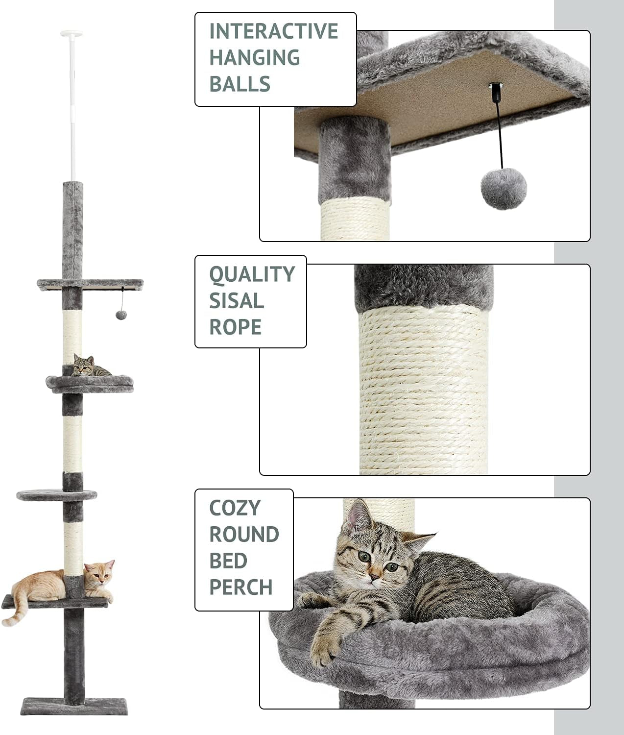 Cat Tower 5-Tier Floor to Ceiling Cat Tree Height Adjustable(95-107 Inches), Tall Cat Climbing Tree Featuring with Scratching Post, Cozy Bed,Interactive Ball Toy for Indoor Cats/Kitten(Grey