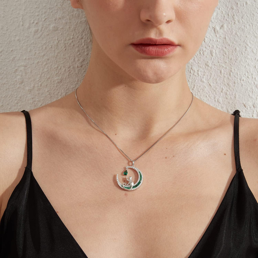 Lovely Cat Necklace for Women - Sterling Silver Cat Pendant with Cubic Zirconia