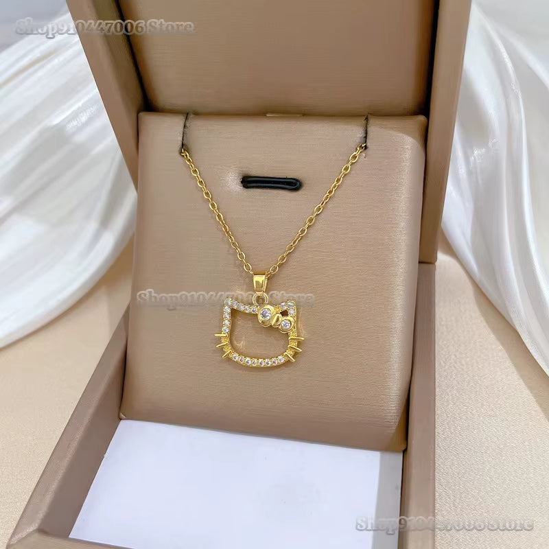 Cartoon Hello Kitty Gold Necklace for Girls Kawaii Sanrio Pendant Kt Cat Jewelry Y2K Neck Chain Accessories Women Christmas Gift