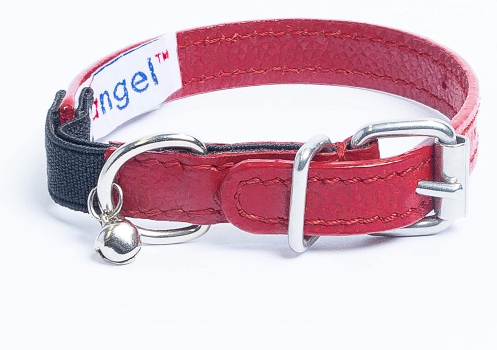 Leather Cat Collar W Safety Elastic Stretch, 12" X1/2", Red, 100% Genuine Leather (Alpine) Light Weight, Riveted Settings, for Neck Size:8.75"-10.75"