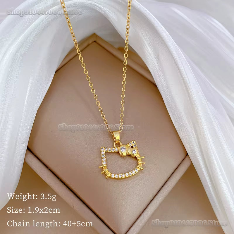 Cartoon Hello Kitty Gold Necklace for Girls Kawaii Sanrio Pendant Kt Cat Jewelry Y2K Neck Chain Accessories Women Christmas Gift