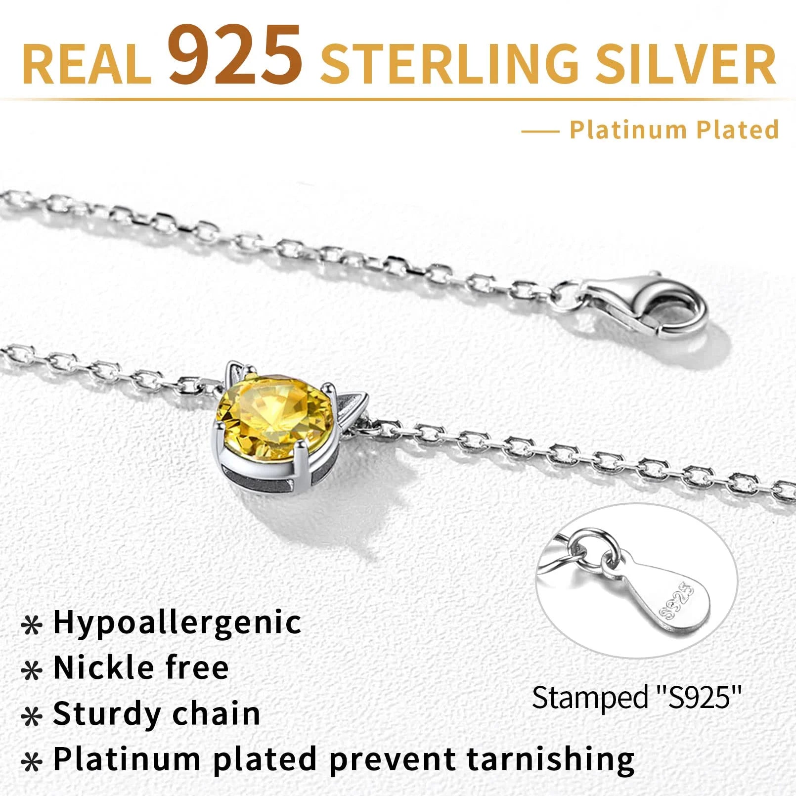 Cute 925 Gift Sterling Silver Kitty Necklace Sweet Cartoon Cat Necklaces Birthstone Jewelry for Girlfriend Daughter Little Sister