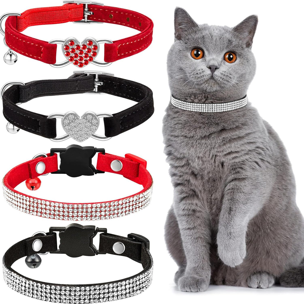 4 Pcs Rhinestone Cat Collar Heart Bling Breakaway Girl Cat Soft Velvet Fancy Adjustable Safety Kitten Collar with Bell for Kitty(Red, Black)