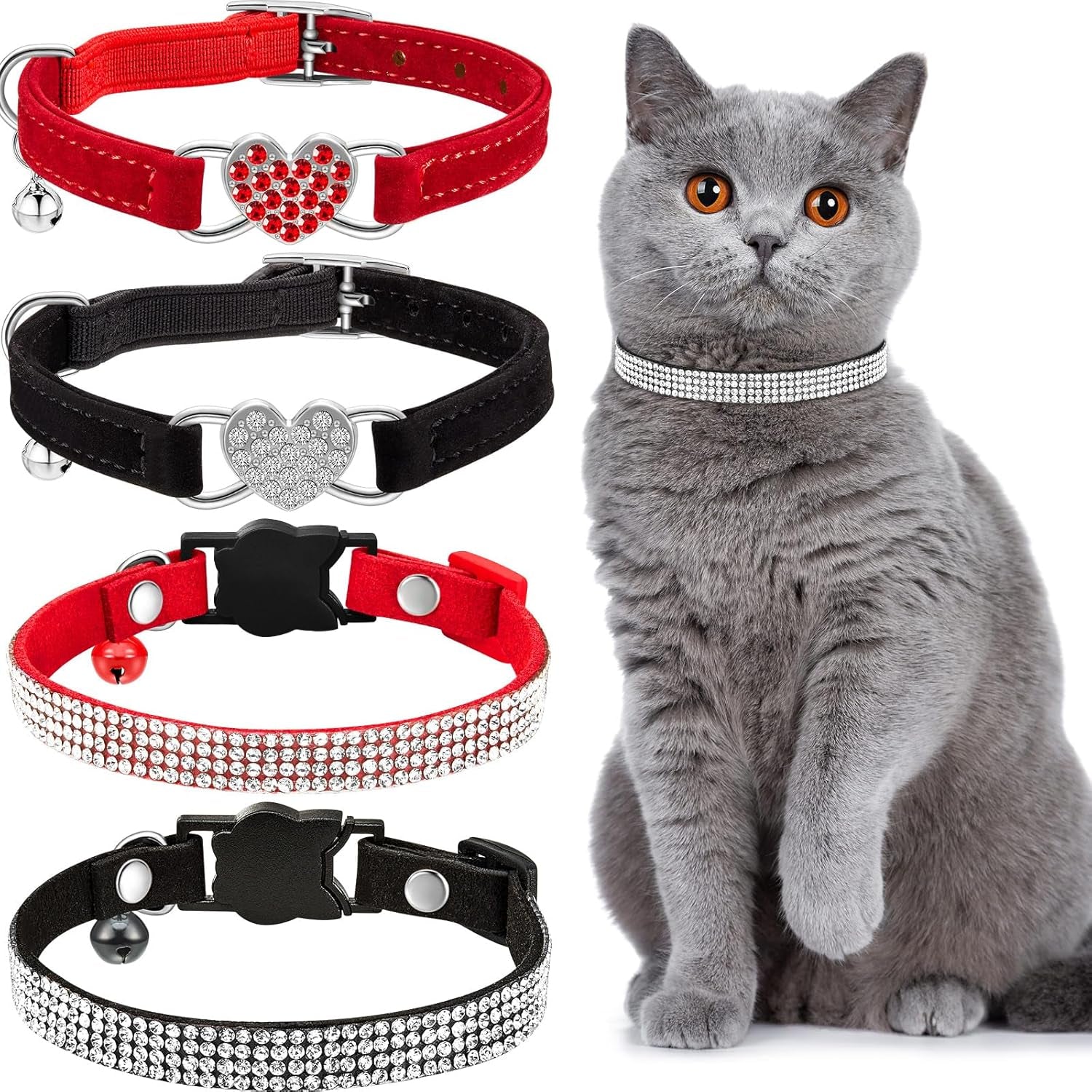 4 Pcs Rhinestone Cat Collar Heart Bling Breakaway Girl Cat Soft Velvet Fancy Adjustable Safety Kitten Collar with Bell for Kitty(Red, Black)