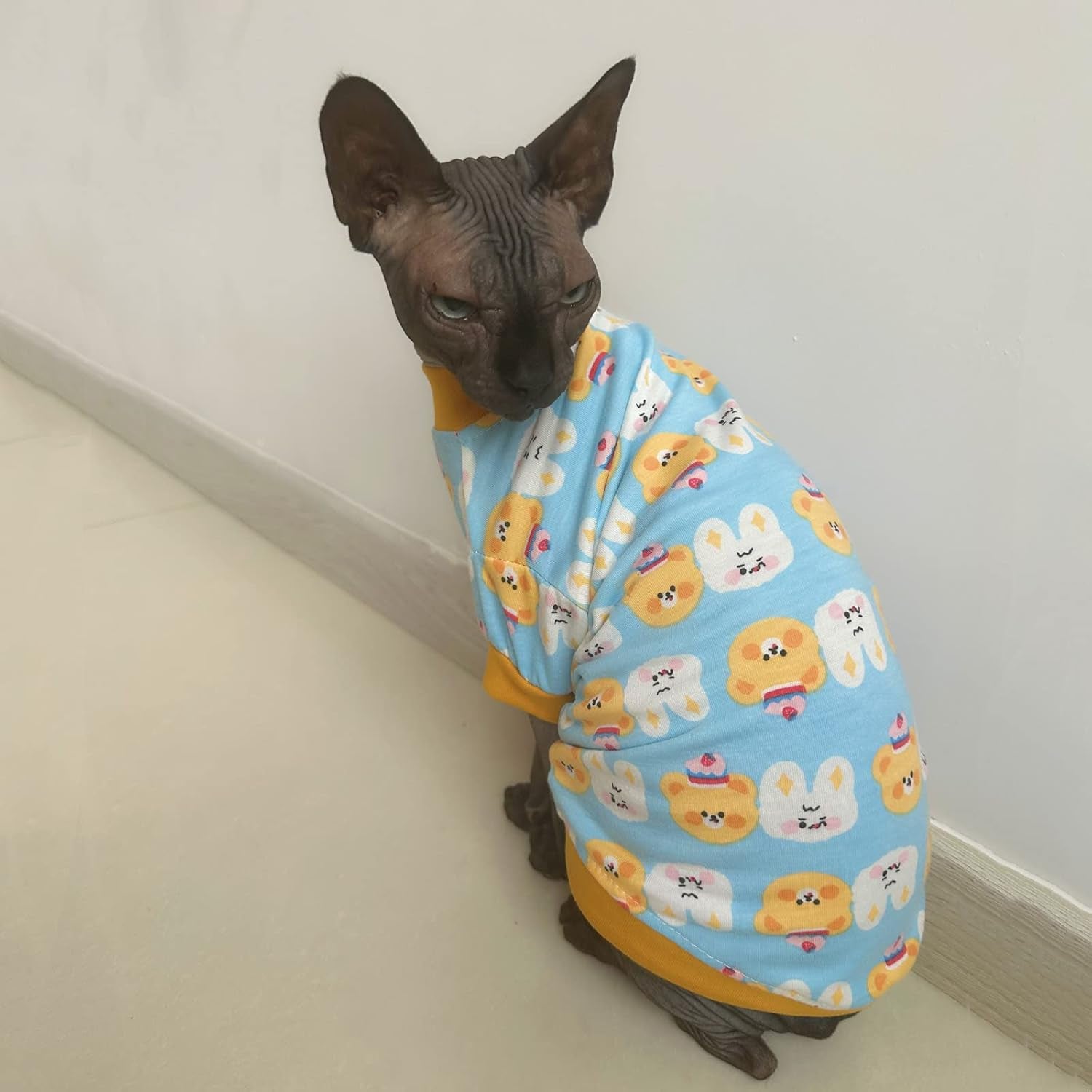 Sphynx Hairless Cat Cute Summer Cotton T-Shirts Pet Clothes,Round Collar Kitten Shirts Cats Apparel (Bear & Bunny, X-Large (Pack of 1))