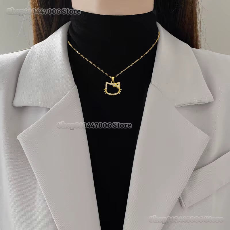 Cartoon Hello Kitty Gold Necklace for Girls Kawaii Sanrio Pendant Kt Cat Jewelry Y2K Neck Chain Accessories Women Christmas Gift