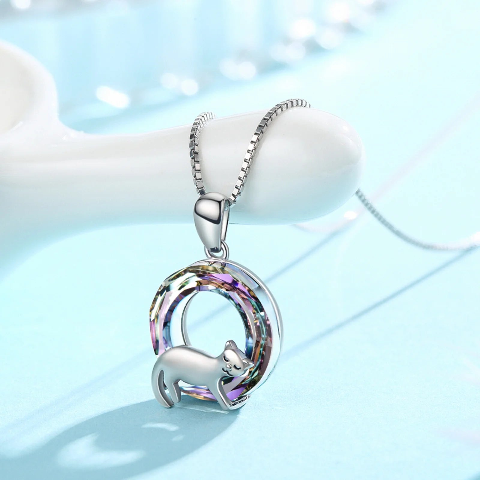 Cat Crystal Necklace 925 Sterling Silver Cute Animal Pendant Necklace with Crystal Cat Jewelry Gifts Gifts for Women Cat Lovers