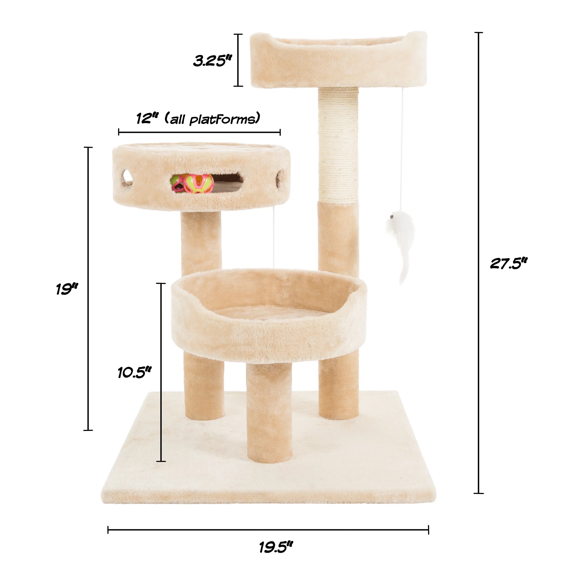 Tall Cat Tree Condo with Perches, Scratch Post, and Wheel Toy