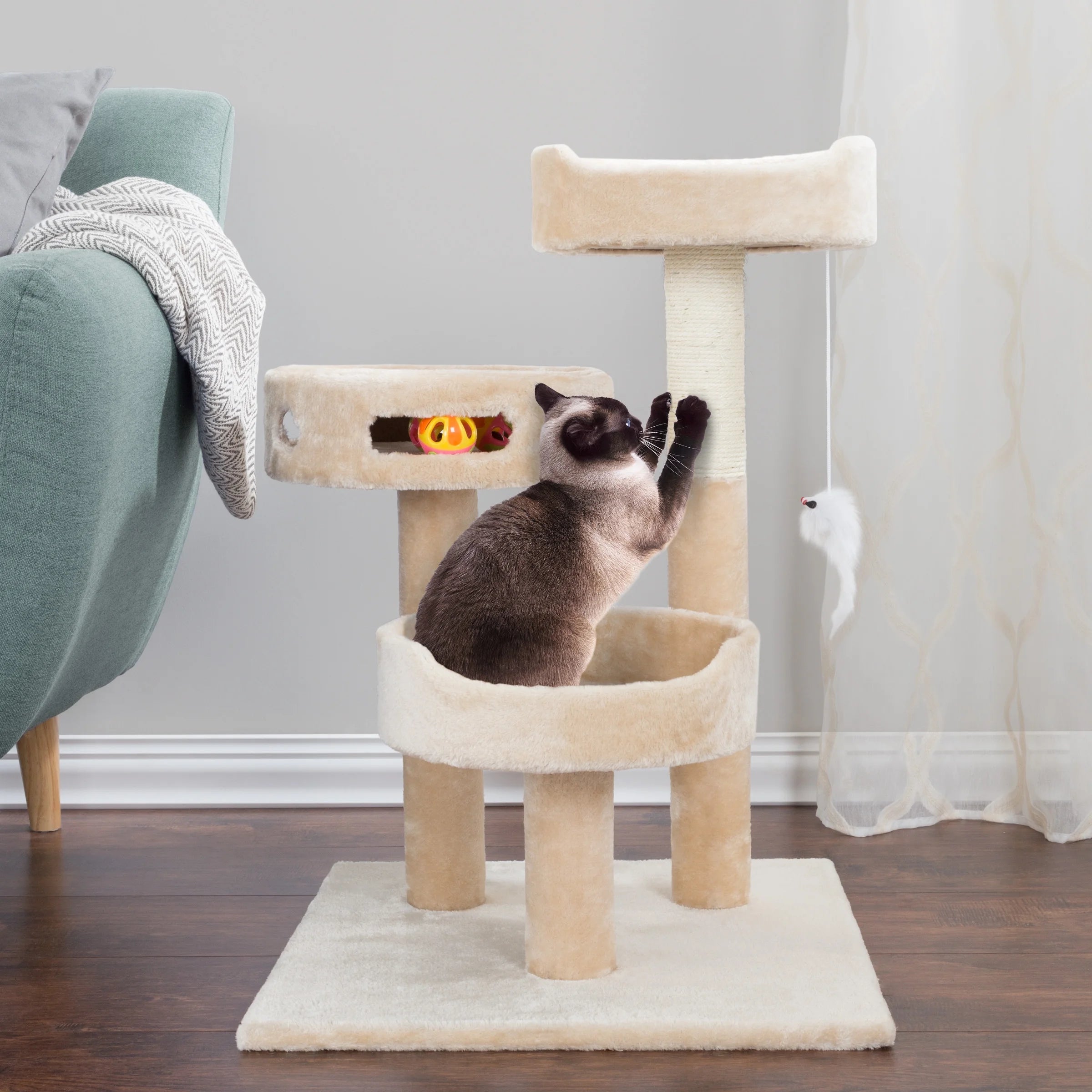 Tall Cat Tree Condo with Perches, Scratch Post, and Wheel Toy